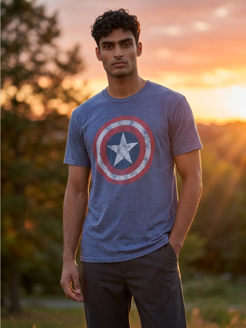 Marvel Captain America Shield Crewneck T-Shirt - Blue & Red